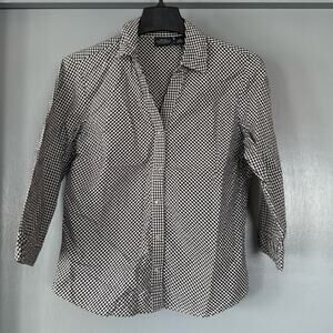Sonoma Women's Black White Bias Check Snap Button Top 3/4 Sleeves V Neck sz M